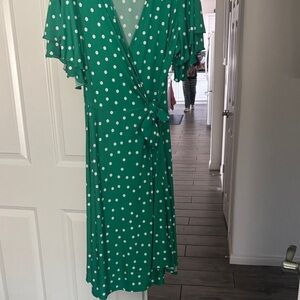 Ashley Stewart Green Polka Dot Wrap Midi Dress
